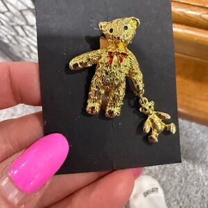 Vintage Carolee Gold Tone Teddy Bear Holding a Smaller Bear Charm Brooch Pin